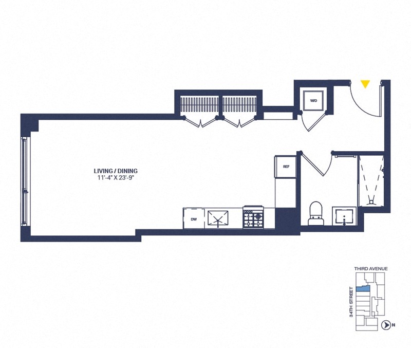 Floor plan for studio, 1 bath, 513 sqft